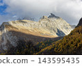 Landscape of Yangmaiyong holy mountain and the lake on highland in sunny day at Yading nature reserve, China 143595435