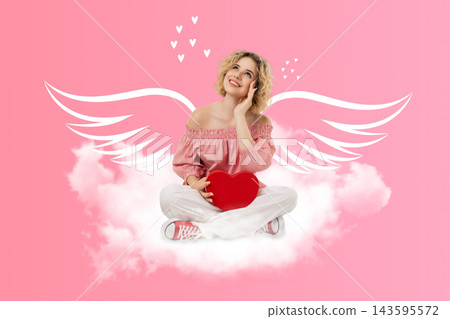Valentine's Day woman smiles while resting with a heart Valentine's Day woman smiles while resting with a heart 143595572