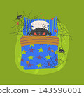 Cute Halloween spider sleeping in bed with cobwebs and fall leaves vector illustration 143596001