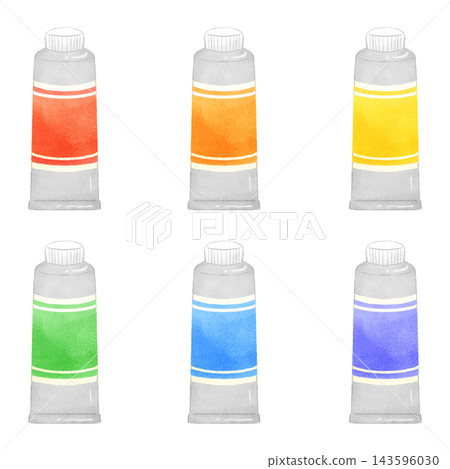 A set of hand-drawn style illustrations of paint bottles (with lids). 143596030