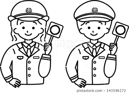 A station attendant holding a circle (line drawing) A station attendant holding a circle (line drawing) 143596172