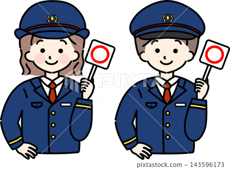 Station attendant who is holding up a circle Station attendant who is holding up a circle 143596173