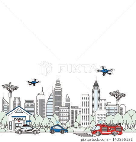 A background illustration depicting a cityscape with security cameras, a police station, and patrol cars, focusing on security and maintaining public order. A background illustration depicting a cityscape with security cameras, a police station, and patrol cars, focusing on security and maintaining public order. 143596181