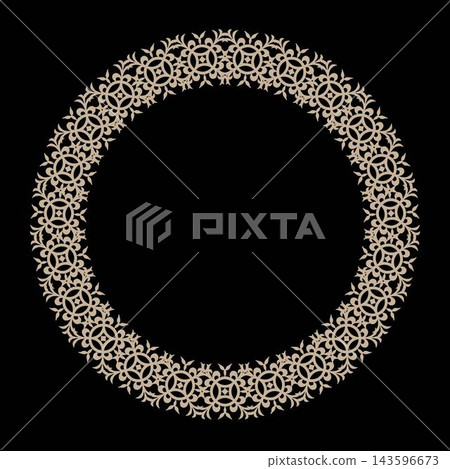 Beautiful round frame arabesques. Gold vintage ethnic vector frame plate with arabesques (EPS). Pattern frame for round surfaces, household utensil, textile, embroidery, plate Beautiful round frame arabesques. Gold vintage ethnic vector frame plate with arabesques (EPS). Pattern frame for round surfaces, household utensil, textile, embroidery, plate 143596673