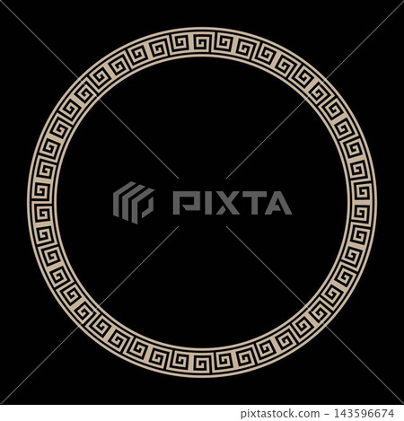 Greek round frame. Greek key, meander, circle, square, circle, border. Gold vintage ethnic vector frame plate. Pattern frame for round surfaces, household utensil, textile, embroidery, plate. Vector 143596674