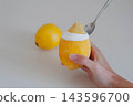 Hand holds a frozen lemon stuffed with sorbet beside a spoon and a whole fresh lemon on a light table. Homemade citrus dessert idea for recipe blogs, summer menus and cafe promotions. 143596700