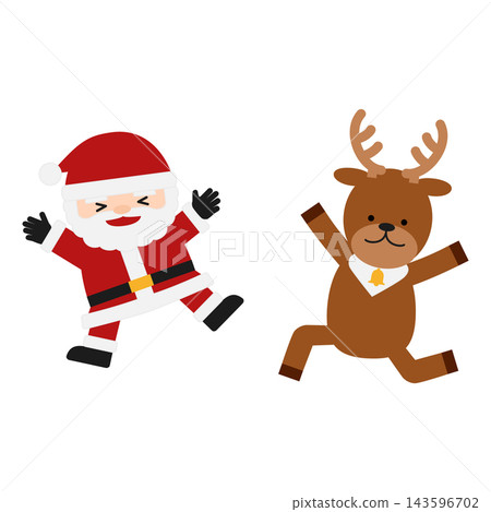 An illustration of a cute Santa Claus and reindeer happily jumping together in joy. An illustration of a cute Santa Claus and reindeer happily jumping together in joy. 143596702