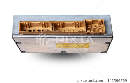 Plastic car engine control unit with metal elements on a white isolated background is the connecting center of various subsystems, units and assemblies. Monitoring the state of the moment. Spare part. Plastic car engine control unit with metal elements on a white isolated background is the connecting center of various subsystems, units and assemblies. Monitoring the state of the moment. Spare part. 143596769