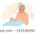 An elderly senior man experiences chest pain and dizziness due to heat shock while bathing in the bathtub. 143596995