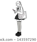一幅插圖描繪了一位女性身著大量生產的「地雷式」服裝，背著痛包，穿著褶邊迷你裙，享受著她的扇子活動。 143597290