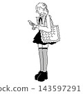 一幅單色線條畫，描繪了一位女性穿著批量生產的「地雷式」服裝，背著痛包，穿著褶邊迷你裙，享受著她的扇子活動。 143597291