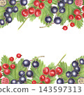 Square frame, black, red currant, leaves. Hand-painted watercolor illustration isolated on white for summer invitations, posters, branding, food label, recipes, menu, jam, beverages, cosmetic, design 143597313