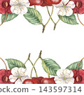 Cherry square frame, berries, leaves, flowers. Hand-painted watercolor illustration isolated on white for food packaging, tea, jam, dessert, drink, branding, card, invitations, recipes, design, poster 143597314