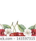 Cherry square frame, berries, leaves, flowers. Hand-painted watercolor illustration isolated on white for food packaging, tea, jam, dessert, drink, branding, card, invitations, recipes, design, poster 143597315