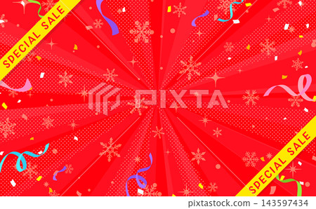 紅色背景,點綴著五彩紙屑和雪花,以及特價促銷邊框(橫向) 紅色背景,點綴著五彩紙屑和雪花,以及特價促銷邊框(橫向) 143597434