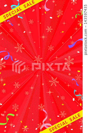紅色背景，點綴著五彩紙屑和雪花，以及特價促銷邊框（直式版） 143597435