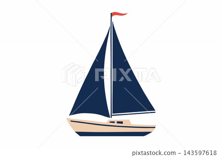 Navy Blue Sailboat Vector Illustration with Red Flag Navy Blue Sailboat Vector Illustration with Red Flag 143597618