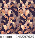 Watercolor leaf pattern in warm beige and peach tones on deep plum background, seamless botanical surface design for wallpaper textile and packaging  143597625