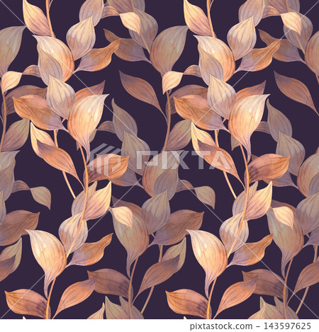 Watercolor leaf pattern in warm beige and peach tones on deep plum background, seamless botanical surface design for wallpaper textile and packaging Watercolor leaf pattern in warm beige and peach tones on deep plum background, seamless botanical surface design for wallpaper textile and packaging 143597625