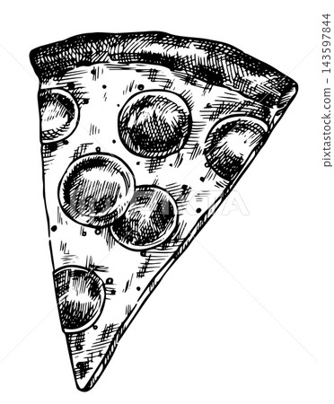 A slice of pizza, fast food. Vector illustration in a sketch style. A slice of pizza, fast food. Vector illustration in a sketch style. 143597844