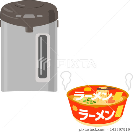 Cup noodles with hot water added and the lid closed, and an electric kettle. Cup noodles with hot water added and the lid closed, and an electric kettle. 143597919
