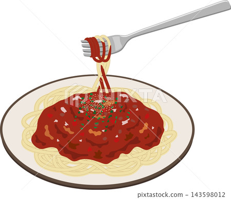 Spaghetti with meat sauce, served with a fork. Spaghetti with meat sauce, served with a fork. 143598012