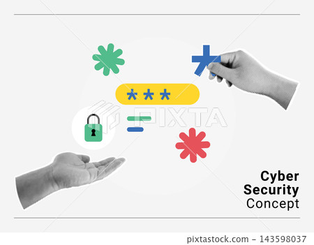 Cyber security and data protection concepts. Halftone hands holding password asterisks, padlock icon, and authentication pin code. 143598037