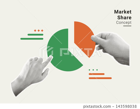 Market share and business strategy concepts. Halftone hands adjusting colorful pie chart sections, analyzing business division, and target segment. 143598038