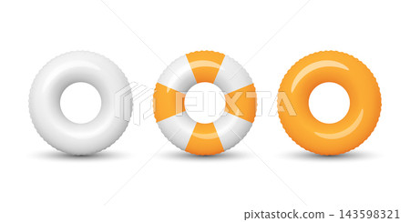 Swim Ring Set, 3d Vector Illustration. Inflatable Swim Ring Collection, Front View. White Orange Pool Float and Lifebuoy Rings for Beach, Pool Party, Summer Vacation, Water Safety, Swimming Design 143598321