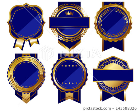 Set of 6 luxurious ribbon-adorned emblem frames in blue and gold. Set of 6 luxurious ribbon-adorned emblem frames in blue and gold. 143598326