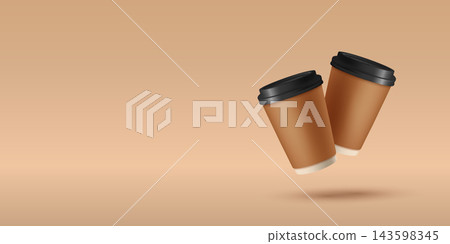Takeaway Coffee Cups, 3d Vector Illustration. Takeaway Coffee Cups with Black Lids. Disposable Takeaway Coffee Cups Floating on Beige Background. Cafe, Coffee Shop, Restaurant, Food Packaging Takeaway Coffee Cups, 3d Vector Illustration. Takeaway Coffee Cups with Black Lids. Disposable Takeaway Coffee Cups Floating on Beige Background. Cafe, Coffee Shop, Restaurant, Food Packaging 143598345