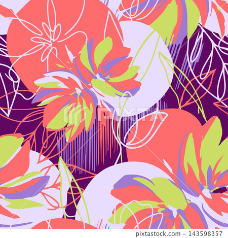 Bold tropical floral pattern with oversized coral blooms, lime leaves, lavender accents, and deep purple background, creating lively abstract wallpaper for fabric, decor, packaging, and summer themed Bold tropical floral pattern with oversized coral blooms, lime leaves, lavender accents, and deep purple background, creating lively abstract wallpaper for fabric, decor, packaging, and summer themed 143598357