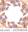 Watercolor frame of dried leaves and lthistle in soft autumn palette, circular botanical frame for invitations and stationery, handpainted floral composition 143598544