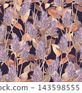 Watercolor thistle flowers with lavender spiky blooms and warm beige foliage arranged in seamless pattern on a violet background for floral design and decor purposes. 143598555