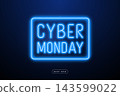 Neon sign illuminated in blue showcasing Cyber Monday promotions with stylish glow 143599022