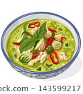 Vector illustration of authentic Thai green curry with chicken, eggplant, and basil in a traditional bowl isolated on a white background 143599217