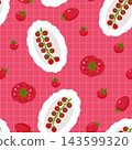 Mediterranean tomato pattern with cherry tomatoes on a pink checkered background, seamless retro food vector 143599320