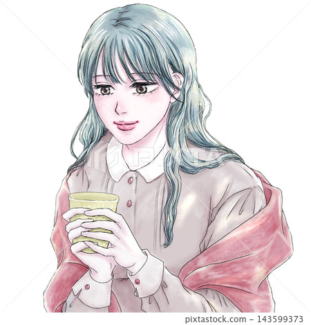 白色背景,寒冷的夜晚,長髮女子正在喝熱飲 白色背景,寒冷的夜晚,長髮女子正在喝熱飲 143599373