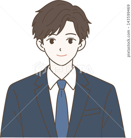 身著西裝的男性商務人士的正面上半身插圖。 身著西裝的男性商務人士的正面上半身插圖。 143599469