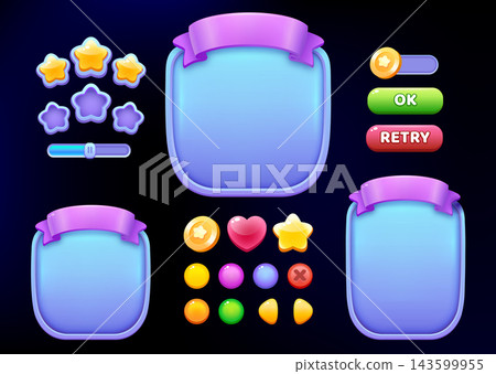 Game UI Kit with Blank Popup Windows Buttons Stars Icons and Progress Bar for Mobile App Interface Design Game UI Kit with Blank Popup Windows Buttons Stars Icons and Progress Bar for Mobile App Interface Design 143599955