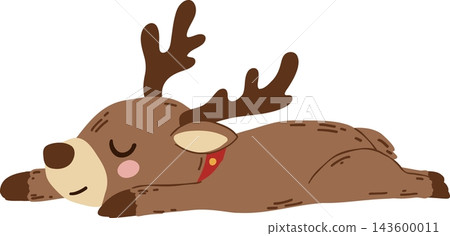 Cute sleeping reindeer cartoon clipart featuring a brown deer lying flat with stretched legs, closed eyes, dark antlers, pink cheek, and red collar with golden bell, perfect for cozy Christmas holiday Cute sleeping reindeer cartoon clipart featuring a brown deer lying flat with stretched legs, closed eyes, dark antlers, pink cheek, and red collar with golden bell, perfect for cozy Christmas holiday 143600011