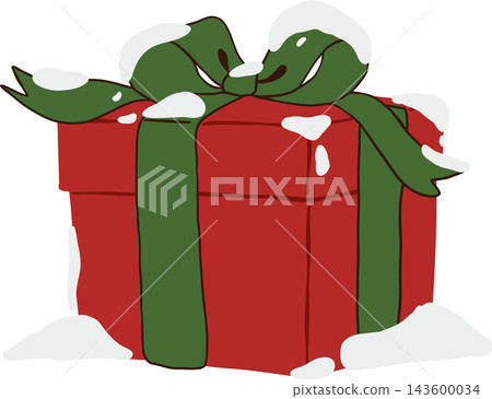 Cute snowy Christmas gift box cartoon clipart featuring a red present wrapped with a green ribbon bow, covered in white snow along its top and bottom edges, perfect for festive winter holiday designs 143600034