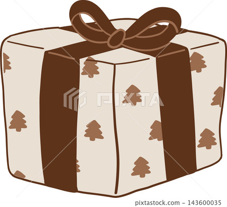 Cute Christmas gift box cartoon clipart featuring a beige present with brown pine tree patterns, wrapped in a dark brown ribbon bow, creating a rustic festive package for winter holiday celebrations Cute Christmas gift box cartoon clipart featuring a beige present with brown pine tree patterns, wrapped in a dark brown ribbon bow, creating a rustic festive package for winter holiday celebrations 143600035