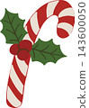 Cute Christmas candy cane cartoon clipart featuring a red and white striped peppermint stick decorated with green holly leaves and red berries, creating a festive holiday sweet for winter decorations 143600050