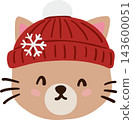 Cute cat cartoon clipart wearing a red knitted winter beanie with a white snowflake and fluffy pompom, featuring pink cheeks, pointed ears, whiskers, and a smiling face for festive Christmas designs 143600051