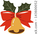 Cute Christmas bell cartoon clipart featuring a golden jingle ornament decorated with a large red ribbon bow and dark green holly leaves, perfect for festive winter holiday decorations and greeting 143600052
