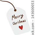 Cute Christmas gift tag cartoon clipart featuring a white paper label with handwritten Merry Christmas text, red heart, and brown hanging string, perfect for festive holiday gift wrapping and 143600053
