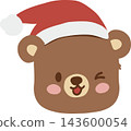 Cute brown bear cartoon clipart wearing a red Santa hat, featuring a winking face, rosy cheeks, rounded ears, and a cheerful smile, perfect for Christmas holiday decorations and festive designs 143600054
