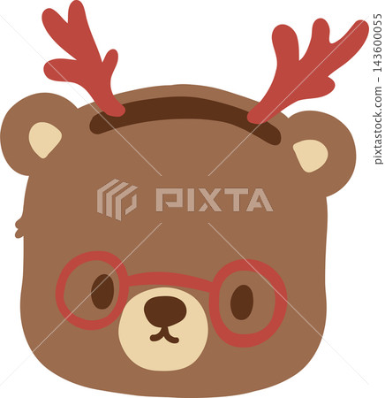 Cute brown bear cartoon clipart wearing red reindeer antlers and round glasses, featuring an adorable face, tiny nose, rounded ears, and a festive Christmas look with playful holiday charm 143600055