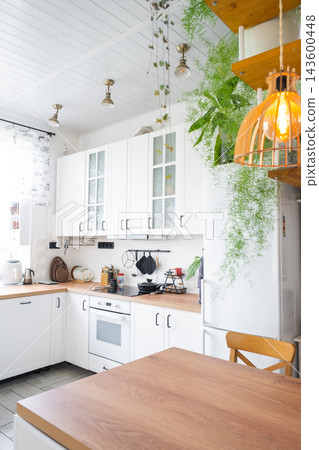 Vertical layout shot of an elegant white scandinavian kitchen dining corner filled with green plants, home design, cozy lifestyle. Vertical layout shot of an elegant white scandinavian kitchen dining corner filled with green plants, home design, cozy lifestyle. 143600448